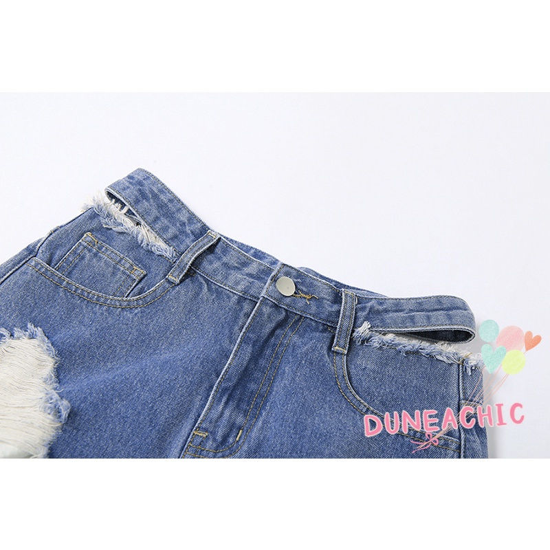 DUNEA Quần Short Denim Lưng Cao Phối Rách Kiểu Đường Phố Cá Tính Cho Nữ
