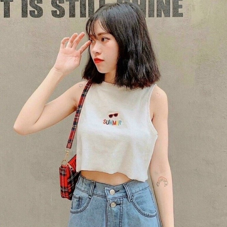 Áo Thun Nữ Croptop Ba Lỗ Sát Nách Thêu Chữ