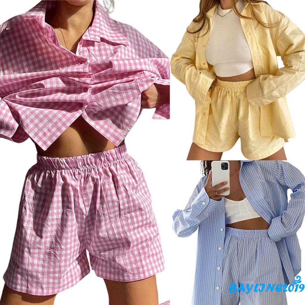 Áo sơ mi cổ bẻ tay dài kẻ sọc/ caro và quần short kiểu mùa hè cho nữ