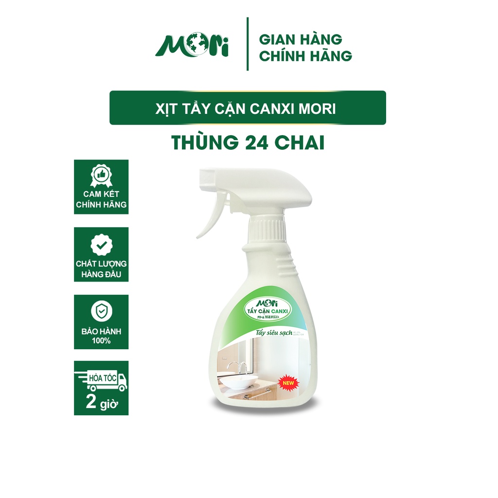 Tẩy cặn canxi, tẩy rửa nhà tắm MORI tẩy vòi inox vách kính an toàn tiện lợi_ THÙNG 24 CHAI_CHÍNH HÃNG 100%