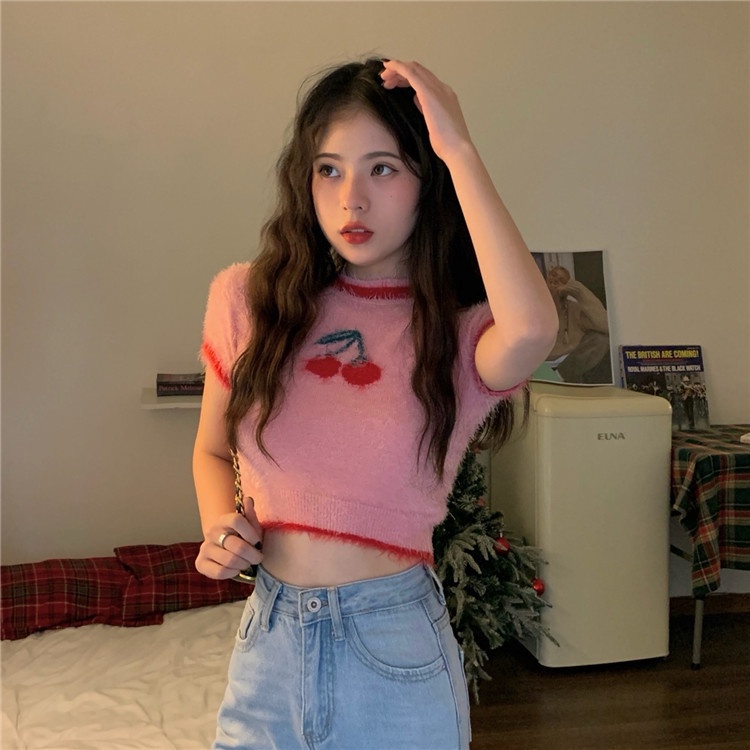 Áo Dệt Kim Tay Ngắn Thiết Kế Mới Ngọt Ngào Thời Trang Mùa Xuân Hè Dành Cho Nữ