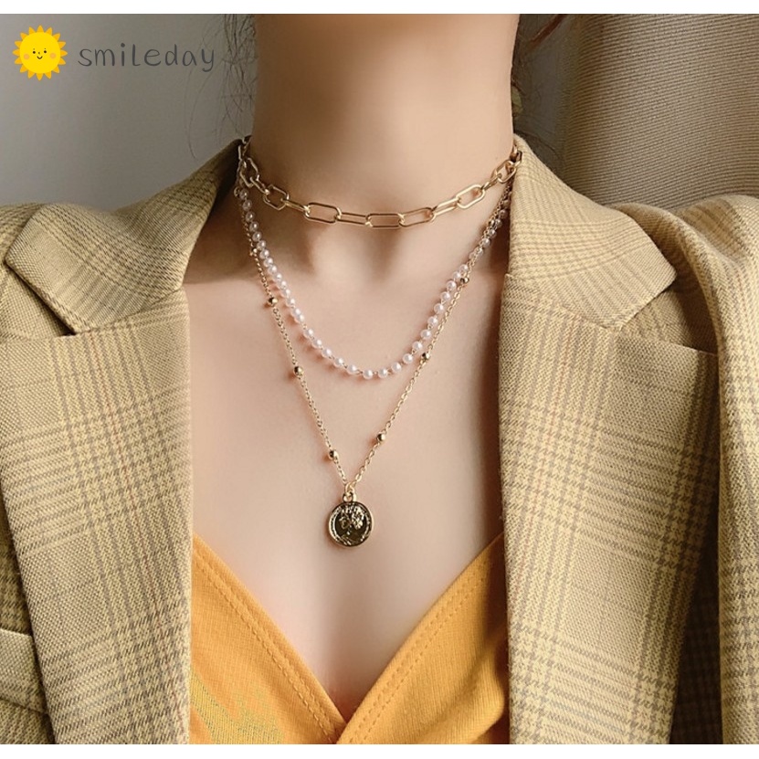 Set 3 Vòng cổ Nhiều Lớp Đính Ngọc Trai Thời Trang Cho Nữ