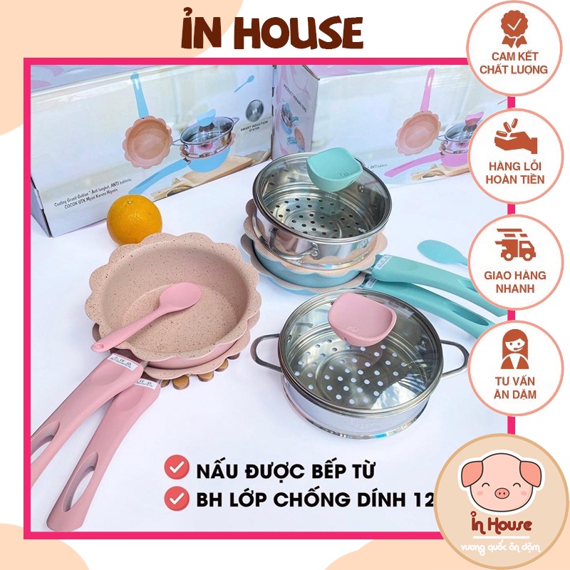 Bộ nồi chảo men đá chống dính, kèm hấp hình bông hoa nấu đồ ăn dặm cho bé dùng được bếp từ