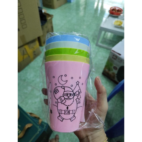 hình thật combo 5 ly uống nước bằng nhựa nhiều màu nhiều họa tiết, ly, tách uống nước sử dụng an toàn
