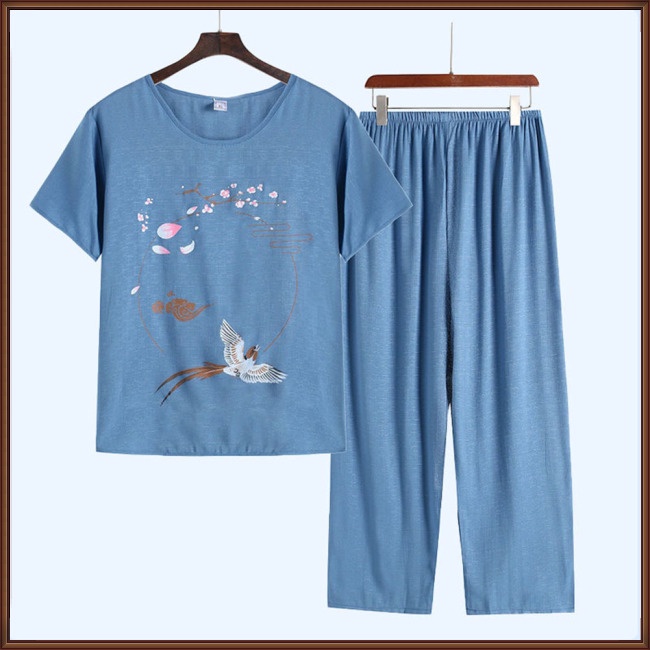 Bộ Đồ Ngủ Vải Cotton Lanh Áo Tay Ngắn Cổ Tròn Phối Quần Dài Ống Rộng Thoải Mái Cho Nữ