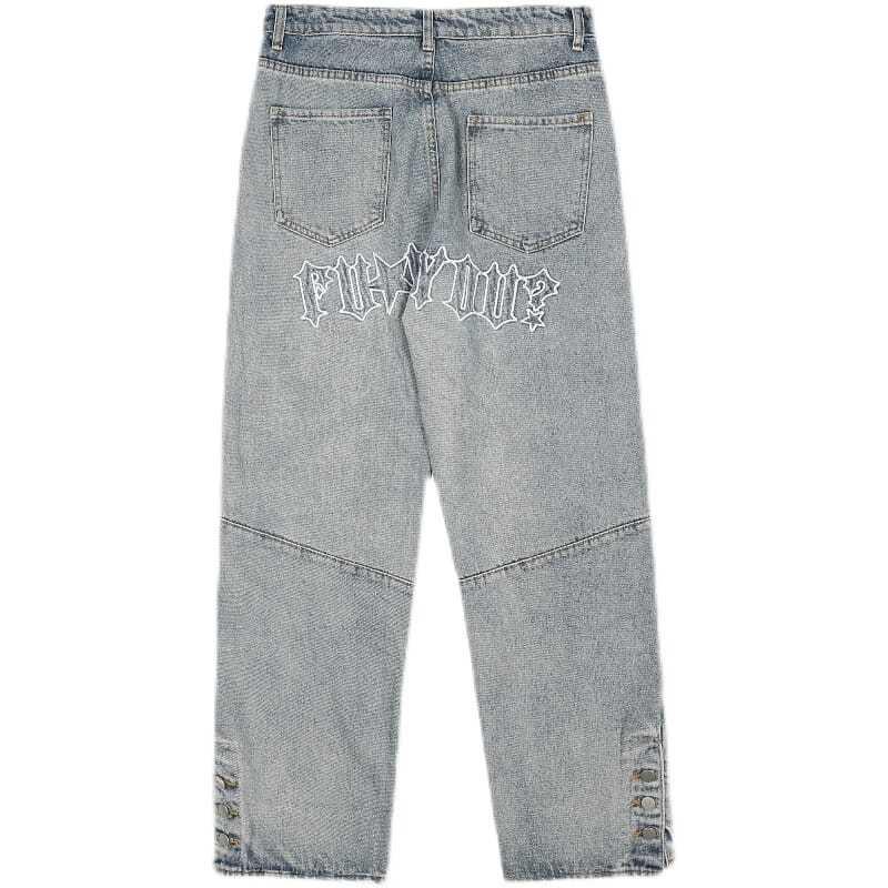 Quần Jeans ống rộng xẻ tà thêu họa tiết phong cách hip hop cho nam