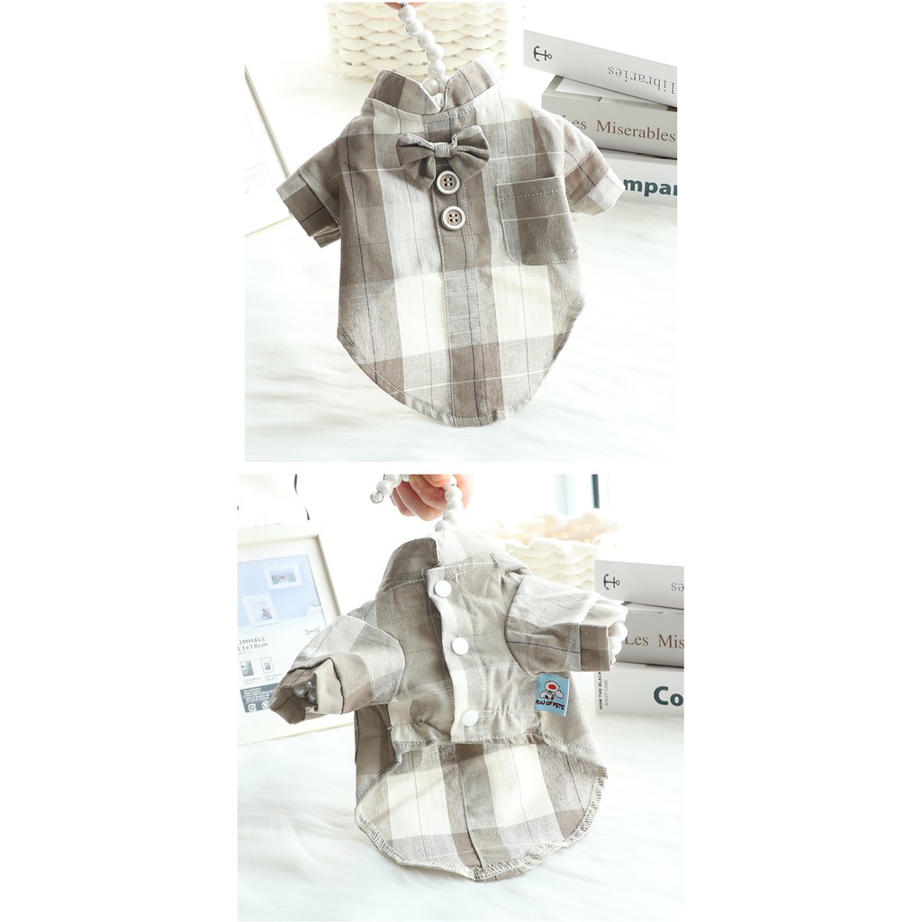 Aó sơ mi caro CAMQUYTSTORE  gắn nơ cho thú cưng