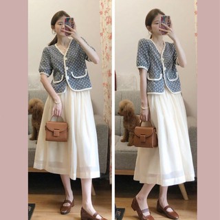 (ORDER) Set áo sơ mi blazer cộc tay phối viền túi họa tiết zic zac+ Chân váy lưới xèo bồng bềnh - Có ảnh thật