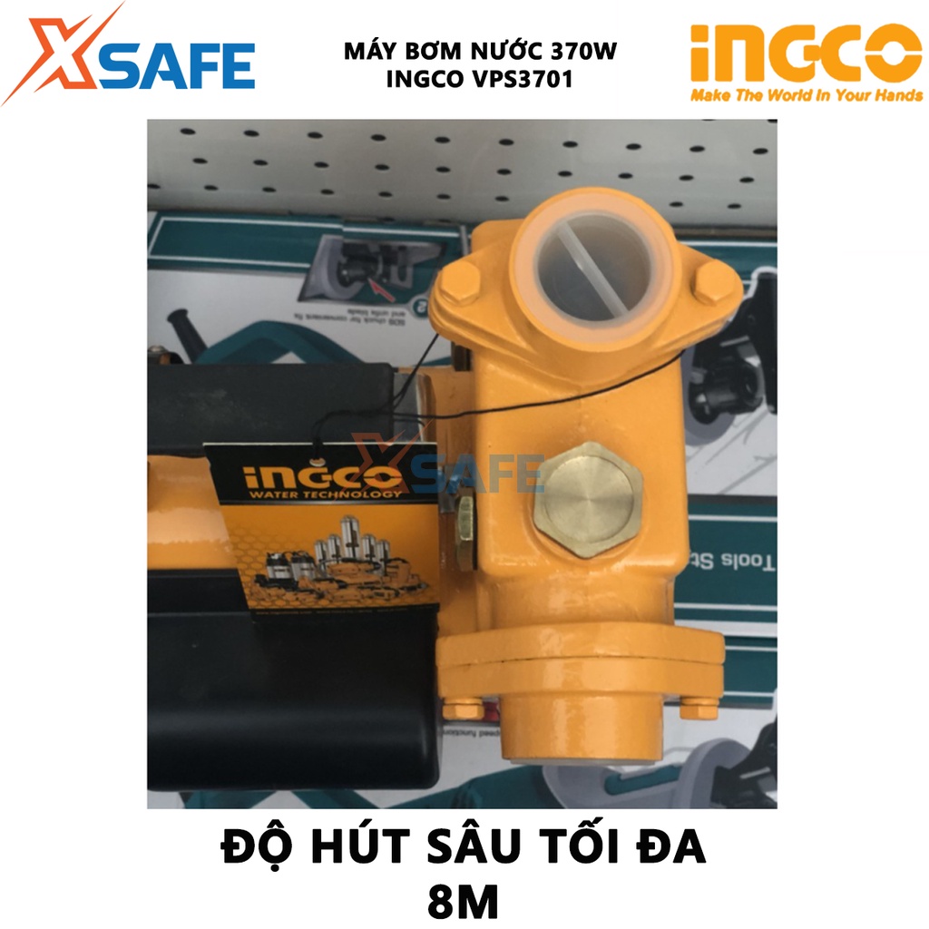 Máy bơm nước INGCO VPS3701 Máy bơm tăng áp 370W(0.5HP), chiều cao bơm 32m, độ hút sâu 8m, mô tơ dây đồng tăng áp lực