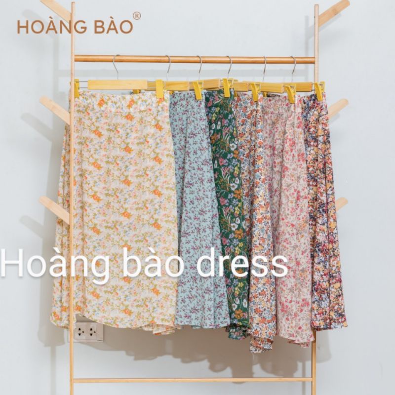 Chân váy hoa nhi dáng midi dài cạp kéo khóa ôm khít eo vải voan chinfon siêu đẹp.