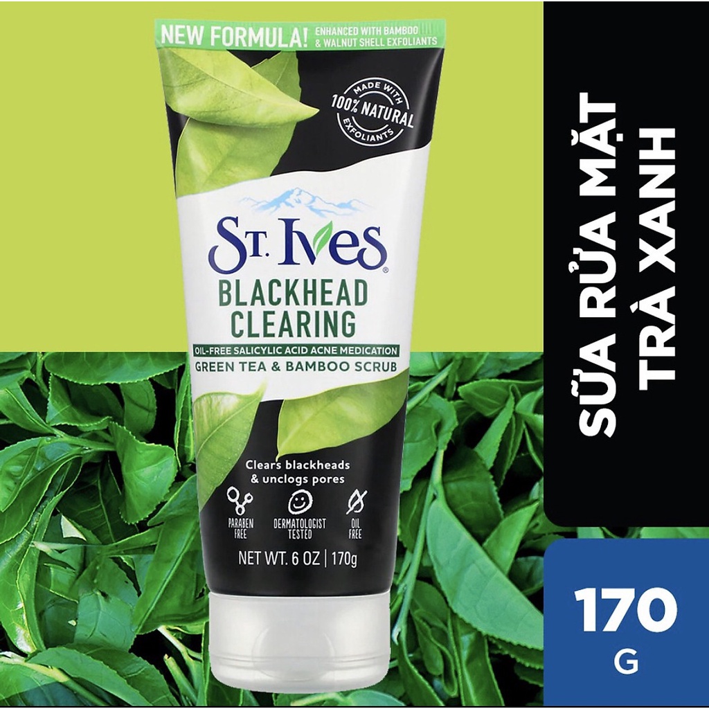 Sữa Rửa Mặt Trà Xanh Tẩy Da Chết, Sạch Mụn Đầu Đen ST.Ives Blackhead Clearing Green Tea &amp; Bamboo Scrub 170g