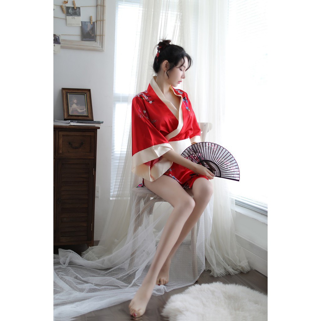 Đồ ngủ sexy kimono hoa anh đào Nhật Bản đỏ gợi cảm quyến rũ + quần chip G-string  57