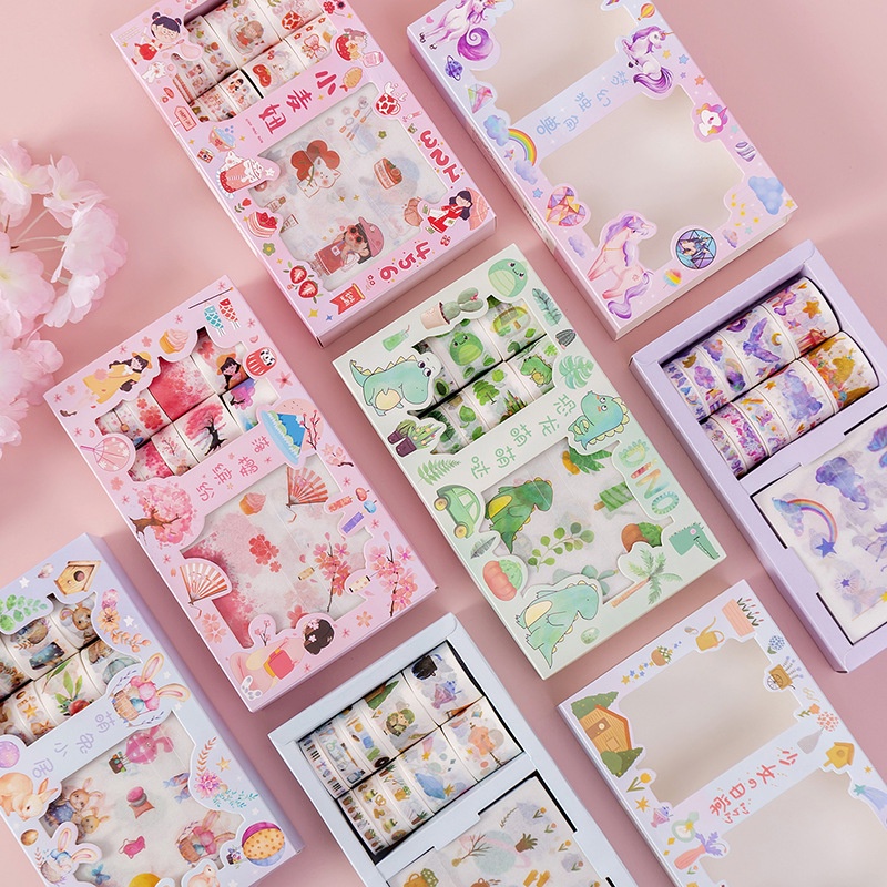 Hộp 10 cuộn washi tape + sticker nhiều hình cute dễ thương, băng dính washi tape CREAMY