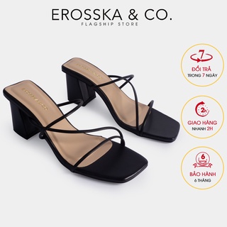 Erosska - Dép cao gót Erosska thời trang mũi vuông phối dây quai mảnh cao 5cm màu đen _ EM074