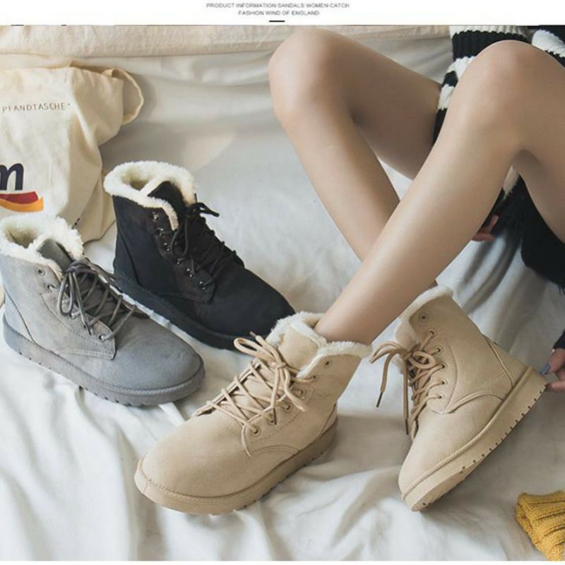 Giày boots cổ thấp buộc dây lót lông mềm ⛄