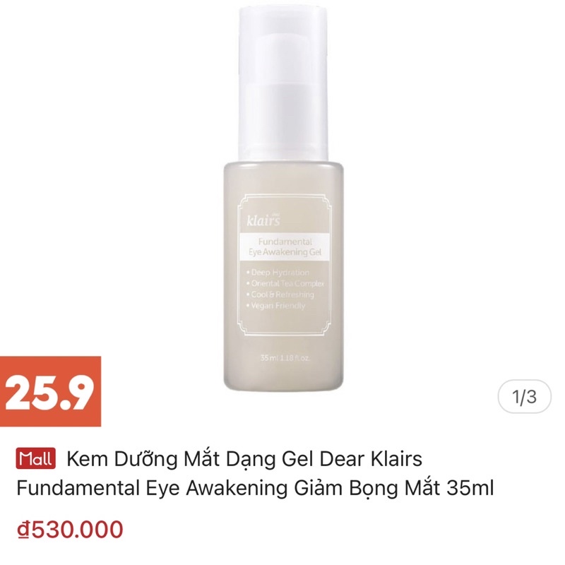 Kem dưỡng mắt dạng gel giảm thâm, mờ nếp nhăn, xoá bọng mắt Klairs Fundamental Eye Awakeing Gel Hàn Quốc