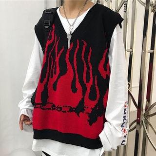 Mùa Thu 2020 Hợp Thời Trang ins Hip Hop Ngọn Lửa Jacquard Áo Vest Dệt Kim Áo Len Áo Vest Nam Nữ