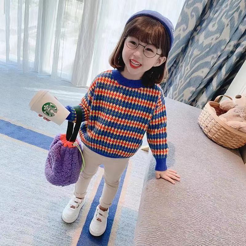 Áo khoác len sọc ngang màu sắc cầu vồng xinh xắn cho bé gái