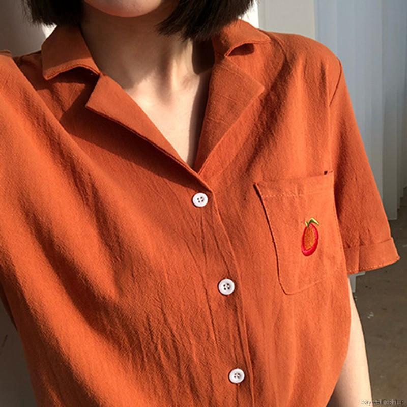 Áo sơ mi kiểu cổ bẻ ngắn tay thêu họa tiết trái cây cho nữ | BigBuy360 - bigbuy360.vn