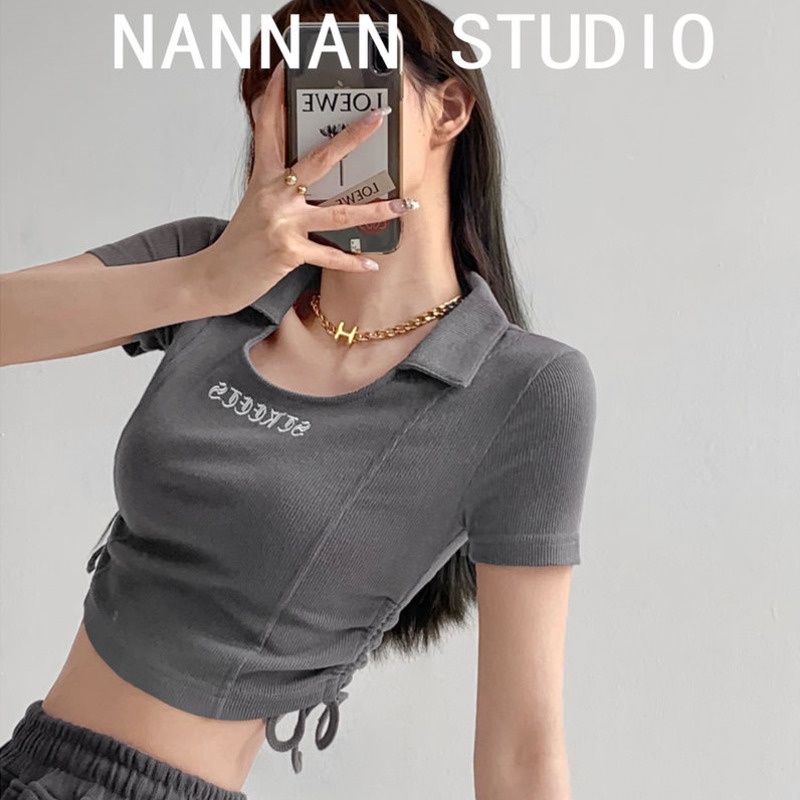 Áo Thun Dệt Kim Tay Ngắn Dáng Ôm Phối Dây Rút Thời Trang Mùa Hè Cho Nữ