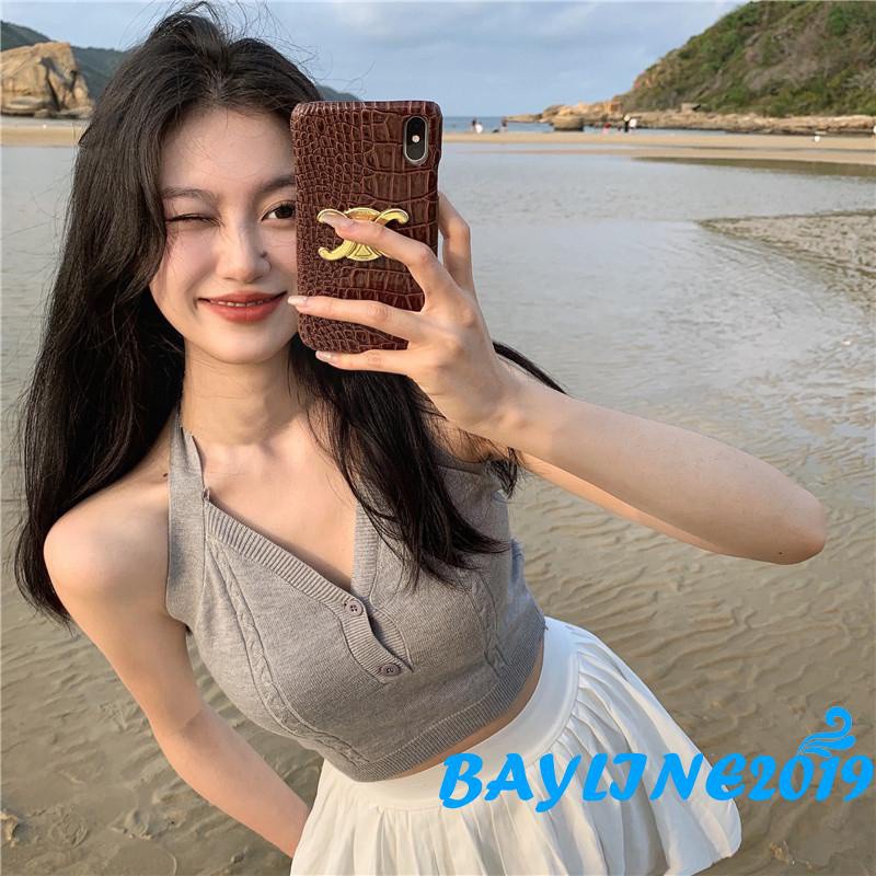 Áo croptop dệt kim không tay hở lưng màu trơn thời trang mùa hè năng động cho nữ 5 màu