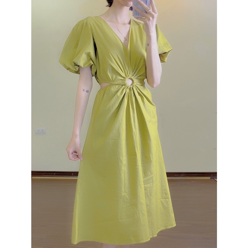 Váy maxi tay bồng khoét eo dáng dài