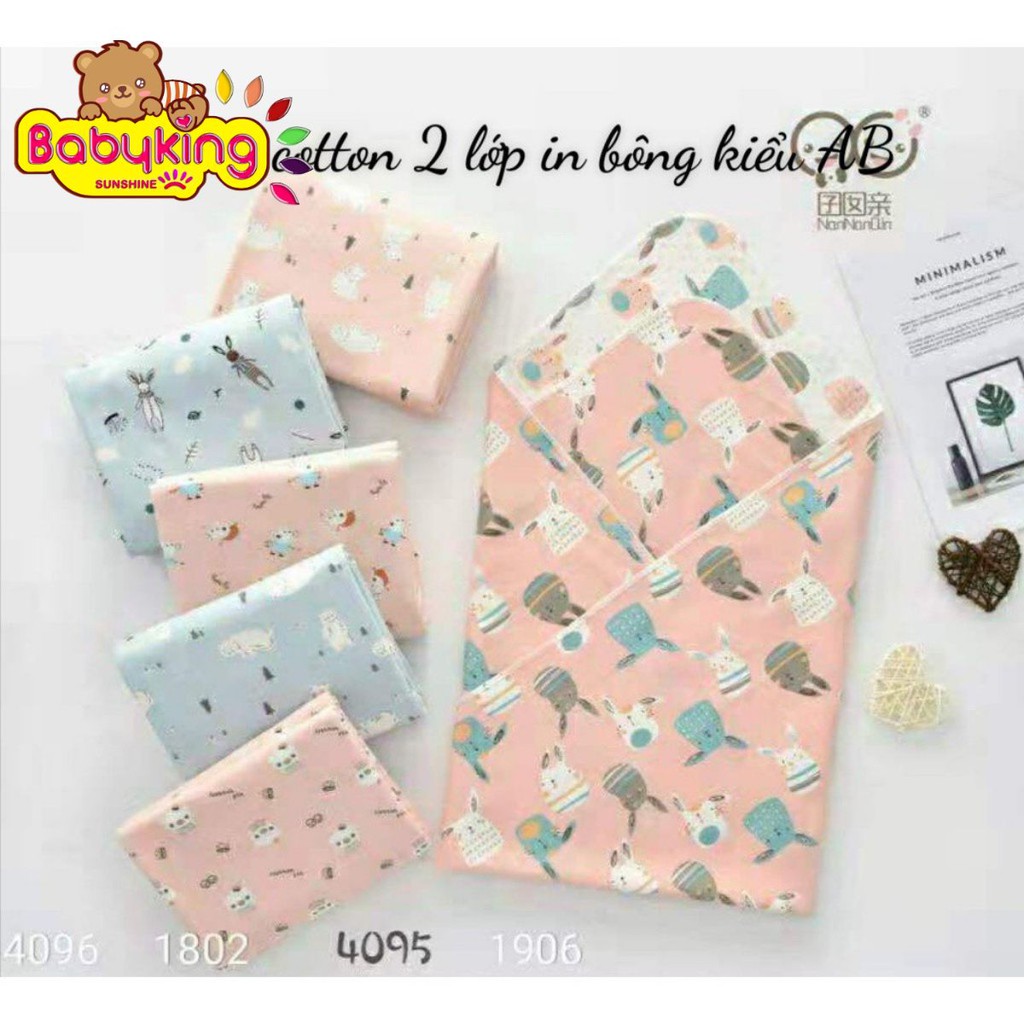 Khăn bế em bé cotton 2 lớp in bông (4095),  chất liệu cotton 100% , thương hiệu Aiueo Nhật Bản