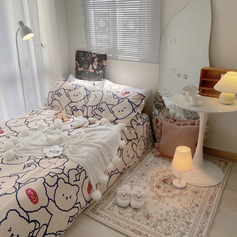 Bộ ga gối Cotton Poly hoạ tiết gấu bear thỏ stella kẻ đen MÂY BEDDING