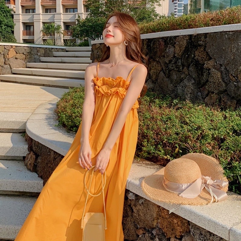 Váy Maxy 2 Dây Chun Ngực Bèo Tầng Màu Cam - Thời Trang Biển