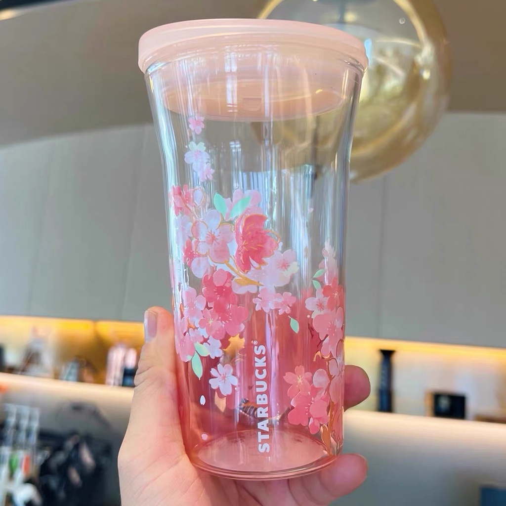 Ly cốc thủy tinh Starbucks  Sakura hồng nắp trượt  Dung tích 473ml