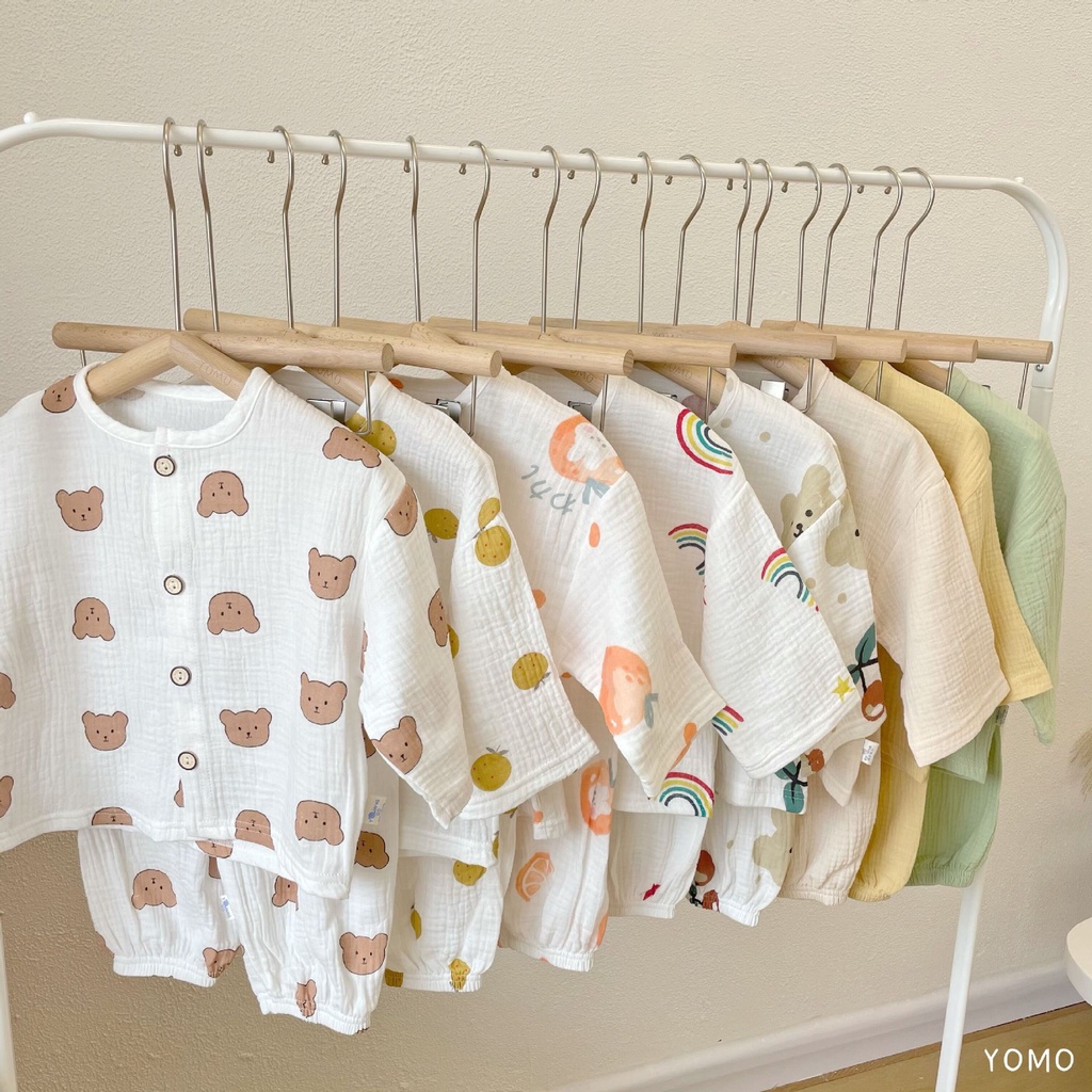 Set quần áo sơ sinh vải xô hình quả cherry tay lỡ Hàn Quốc, Bộ quần áo bé trai bé gái dễ thương mềm mịn thoáng mát