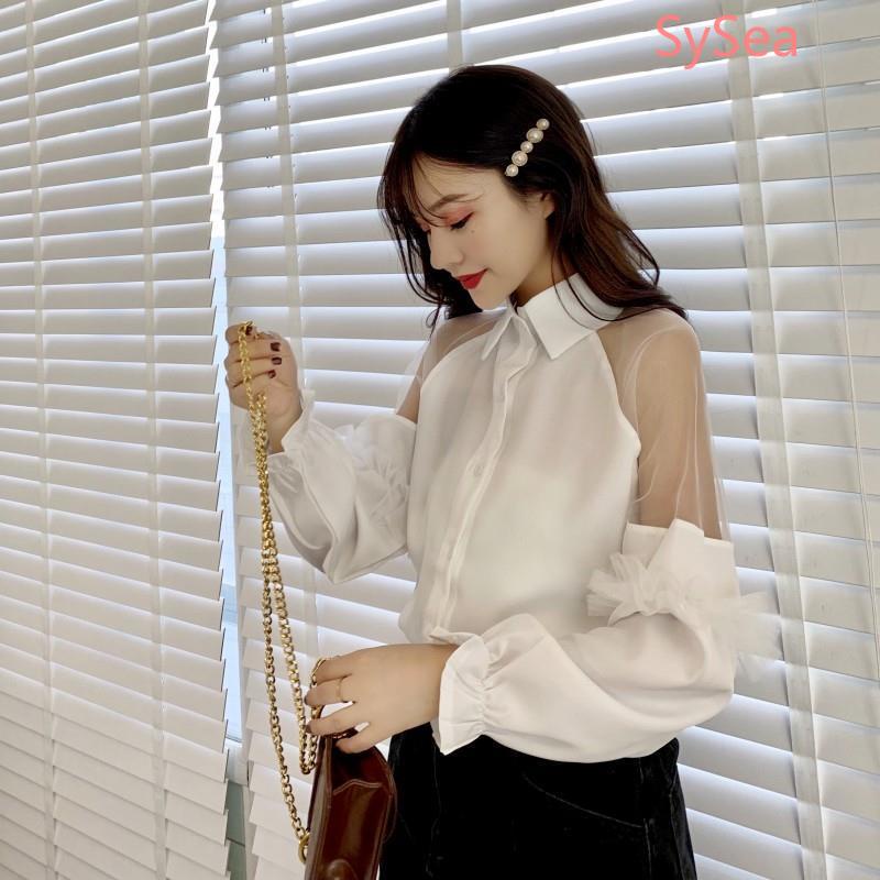 Áo Kiểu Tay Loe Phối Lưới Thời Trang Hàn Quốc Cho Nữ