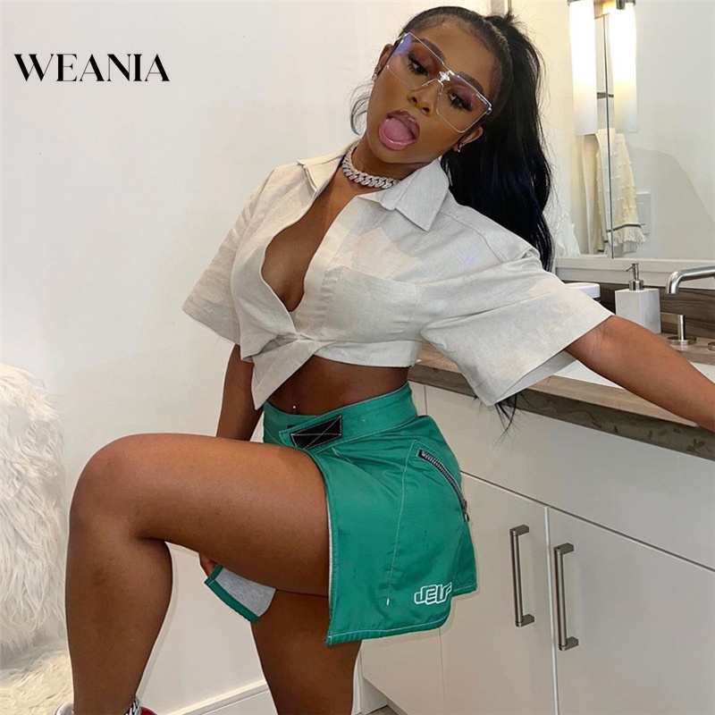 Áo Sơ Mi Ngắn Tay Cổ Bẻ Xẻ Sâu Thiết Kế Lệch Tà Quyến Rũ Cho Nữ