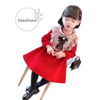 Xả hàng_Váy bé gái nhung tăm đỏ cổ ren bèo tiểu thư XHN808