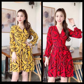 Đầm xòe họa tiết tay cột nơ kèm dây thắt eo xinh xắn