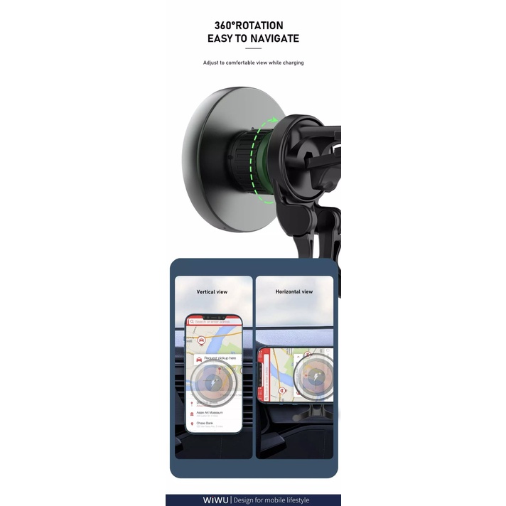 Bộ sạc Oto Wiwu Magentic Wireless Car Charger CH-309 Xoay 360 Độ, Hấp Phụ Từ Tính Mạnh, Sạc Nhanh - Hàng Chính Hãng