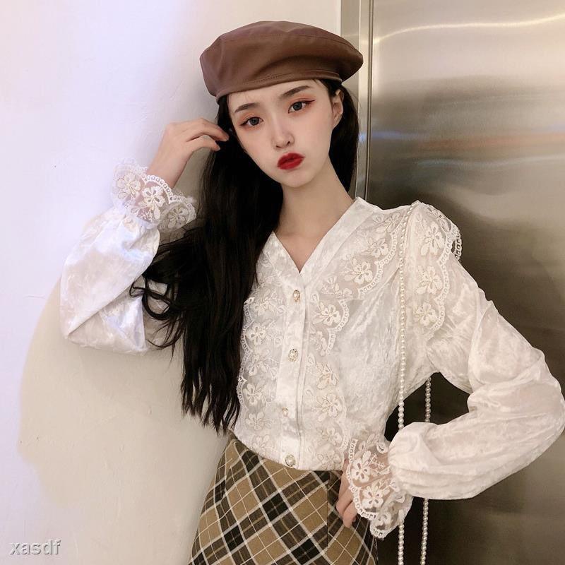 ✗✸【Hàng giao ngay】 Áo Sơ Mi Phối Cổ Phối Ren Chất Nhung Tăm Mùa Thu Đông