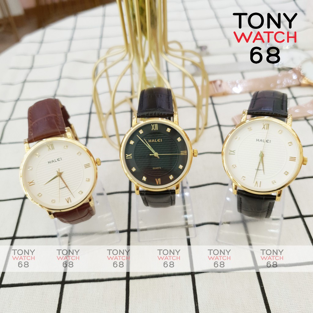 Đồng hồ đôi đeo tay nam nữ Halei dây da viền vàng chính hãng chống nước đính đá Tony Watch 68 | BigBuy360 - bigbuy360.vn