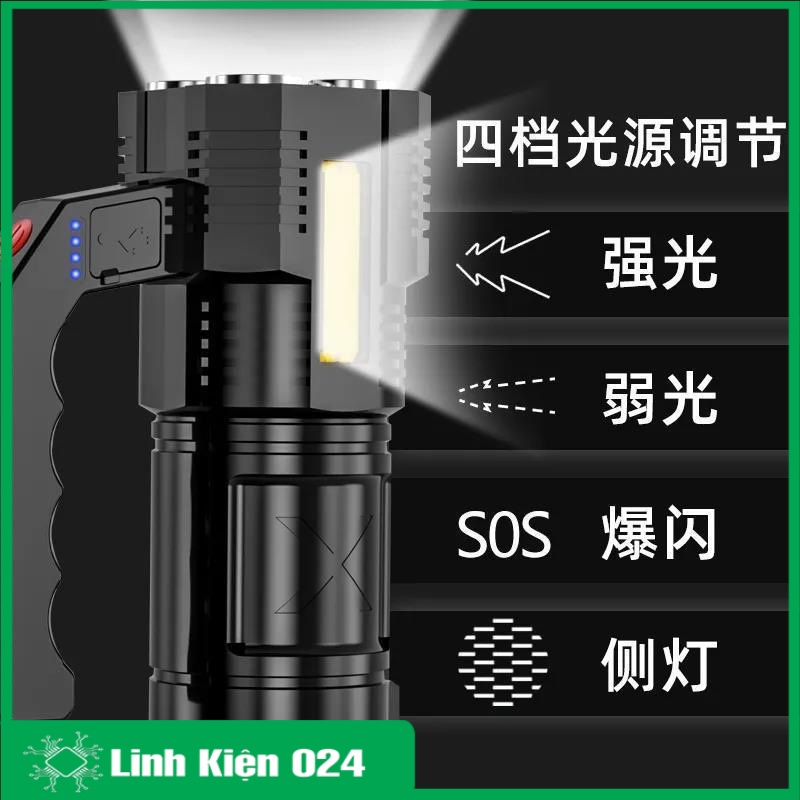 Đèn Pin 4 Bóng Led COB Hai Bên Sạc USB Cầm Tay Kiểu Mới Dùng Trong Nông Nghiệp/Cắm Trại Ngoài Trời