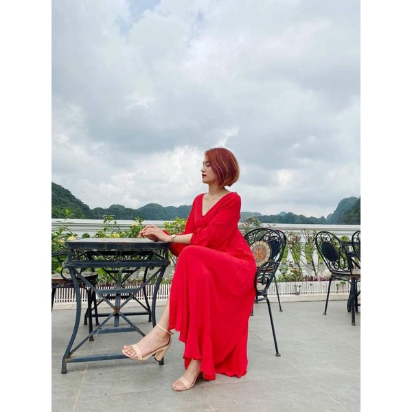 Đầm maxi Boho du lịch hở lưng xẻ đùi dài tay cổ V đắp chéo Quảng Châu cao cấp (Đỏ) Bohemian D1009
