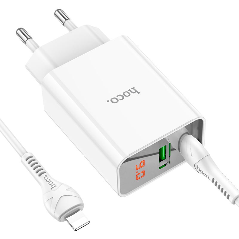 Bộ sạc Hoco C100A 2 cổng USB QC 3.0 18W và PD 20W kèm cáp TypeC to LN, LCD hiển thị điện áp  - Hãng phân phối