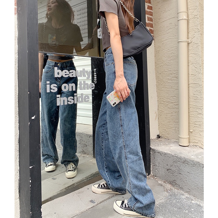 Quần jeans eo cao ống rộng thời trang Hàn Quốc trẻ trung cá tính