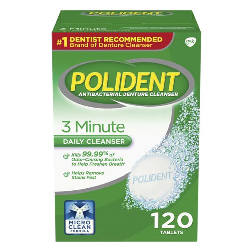 Viên sủi trắng răng giả Polident 3 Minute Triple Mint Antibacterial Denture Cleanser Effervescent, 120 viên