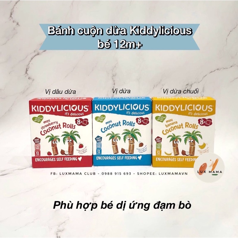 Bánh cuộn dừa KIDDYLICIOUS cho bé 12 tháng ko chứa sữa bò, phù hợp cả với bé dị ứng đạm sữa bò
