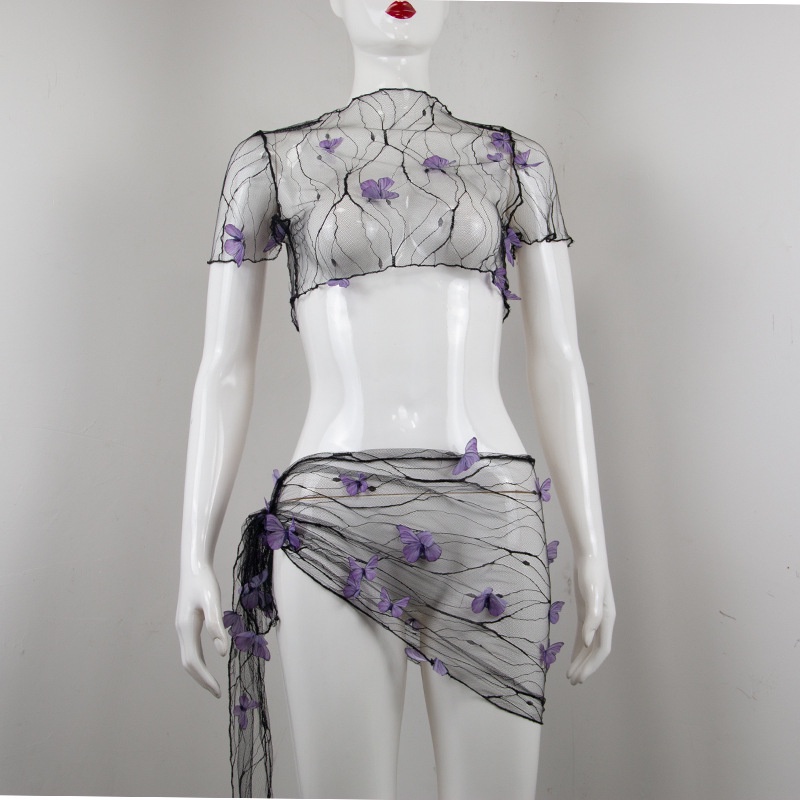 Hitpop-Women´s Bikini Cover-up Set Mesh Sheer Three-dimensional Butterfly Decoration Short Sleeve Crop Tops Tie-up