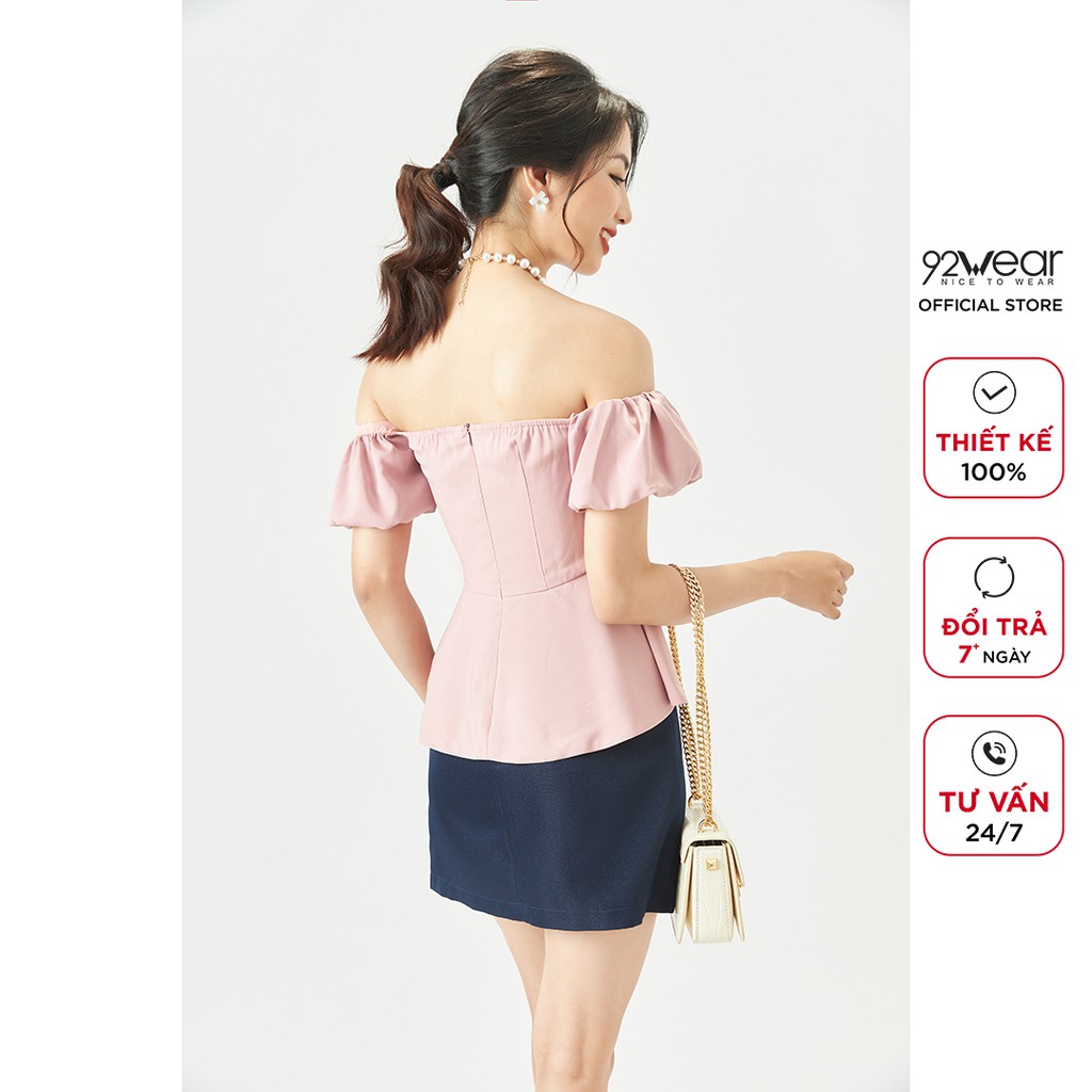 Áo sơ mi nữ 92WEAR kiểu ngắn tay trễ vai màu trắng hồng gợi cảm sexy tay bồng hàn quốc trơn đẹp ASW0543 - 92Wear