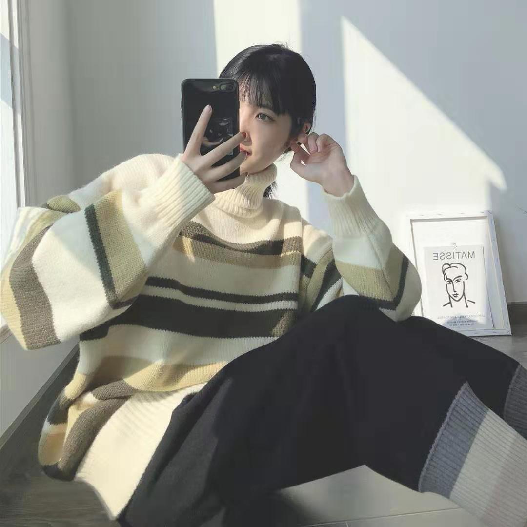 🌸Áo Sweater dáng dài thời trang trẻ trung🌸Áo Sweater dáng rộng cổ lọ kẻ sọc thời trang thu đông cho nữ | BigBuy360 - bigbuy360.vn