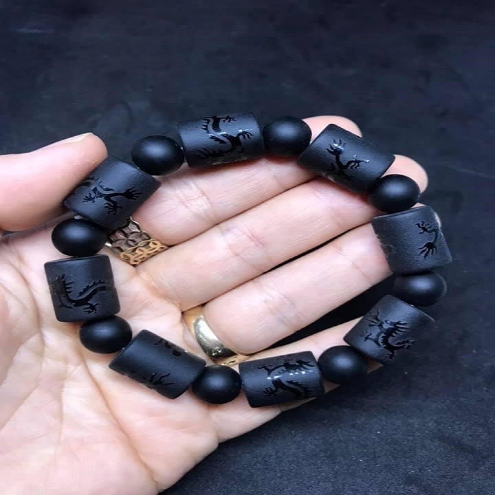 VÒNG TAY ĐỐT TRÚC ĐÁ NÚI LỬA ĐEN CHẠM RỒNG