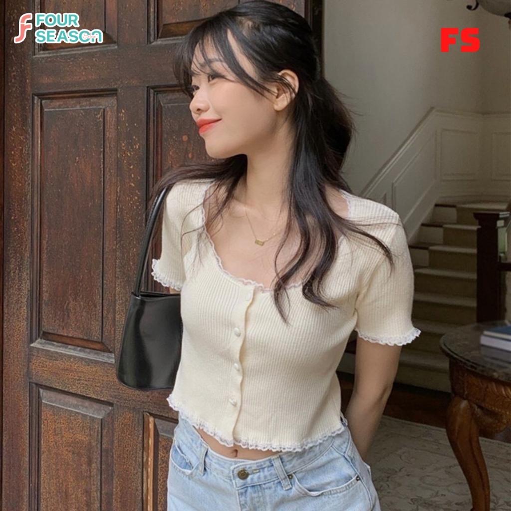 Áo croptop tay ngắn cổ vuông viền ren co giãn ôm body ACT07 4S áo thun nữ hottrend mềm mịn chất lượng