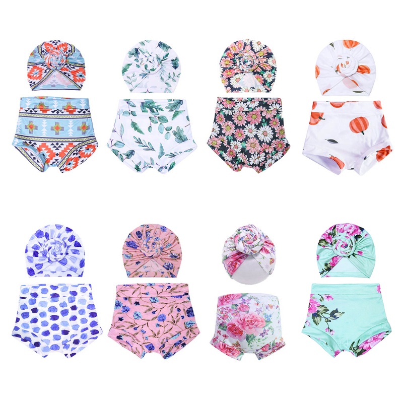 Set 2 Món Gồm Mũ Turban + Quần Ngắn Thắt Nút In Họa Tiết Mùa Hè Cho Bé Sơ Sinh